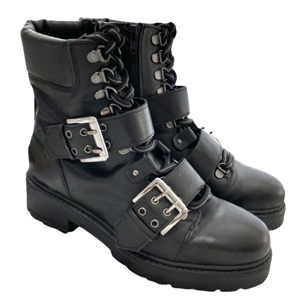 STEVE MADDEN Fighter Black Leather Lug Sole Combat Moto Boots